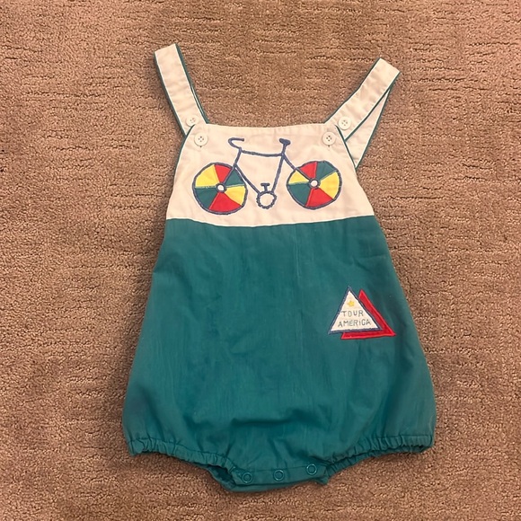 ✨VINTAGE✨ Hush Puppies 18 month romper! Teal and white w/ embroidered bicycle - Picture 1 of 6